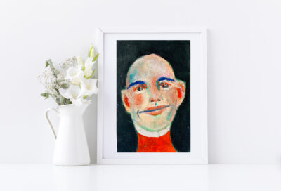 Oil pastel portrait of a bald man titled Handsome Herman by Katie Jeanne Wood