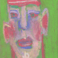 Oil pastel portrait of a man wearing a pink striped hat by Katie Jeanne Wood