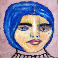 Oil pastel portrait painting of a tranquil woman with blue hair by Katie Jeanne Wood