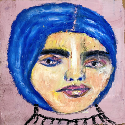 Oil pastel portrait painting of a tranquil woman with blue hair by Katie Jeanne Wood