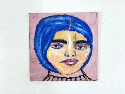 Oil pastel portrait painting of a tranquil woman with blue hair by Katie Jeanne Wood