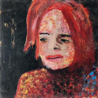 Acrylic portrait painting of a red haired woman on cardboard by Katie Jeanne Wood