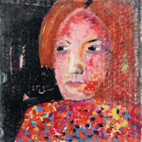 Acrylic portrait painting of a red haired woman on cardboard by Katie Jeanne Wood