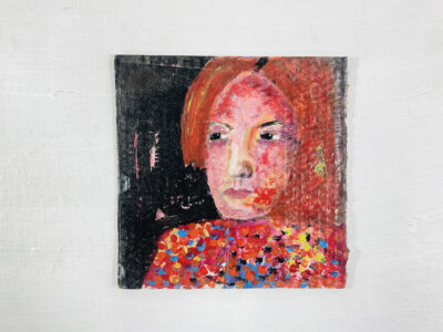 Acrylic portrait painting of a red haired woman on cardboard by Katie Jeanne Wood