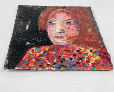 Acrylic portrait painting of a red haired woman on cardboard by Katie Jeanne Wood