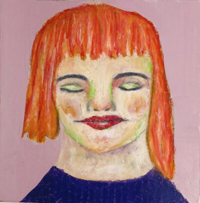 Peaceful meditating woman with orange hair by artist Katie Jeanne Wood