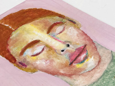 Peaceful meditating Buddhist woman with red orange hair by artist Katie Jeanne Wood