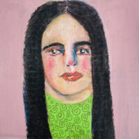 Disbelieving woman with long black hair by artist Katie Jeanne Wood
