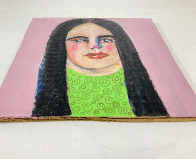 Disbelieving woman with long black hair by artist Katie Jeanne Wood