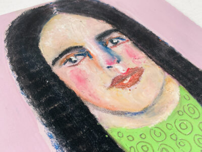 Disbelieving woman with long black hair by artist Katie Jeanne Wood