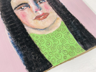 Disbelieving woman with long black hair by artist Katie Jeanne Wood