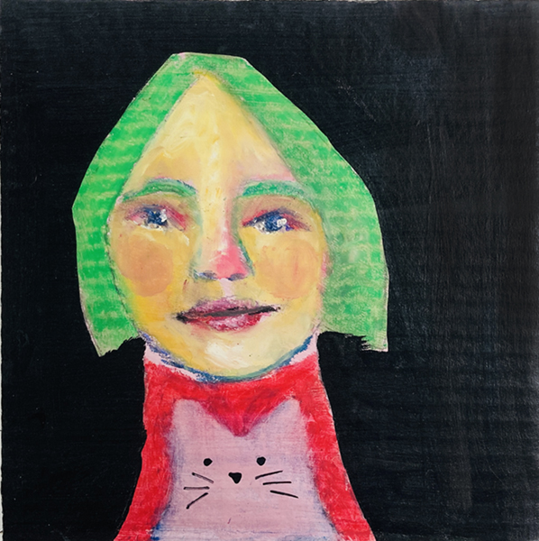 Portrait painting of a woman with a pink cat in her lap by Katie Jeanne Wood