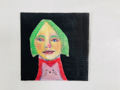 Portrait painting of a woman with a pink cat in her lap by Katie Jeanne Wood