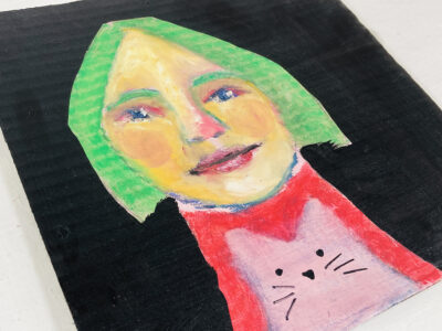 Portrait painting of a woman with a pink cat in her lap by Katie Jeanne Wood