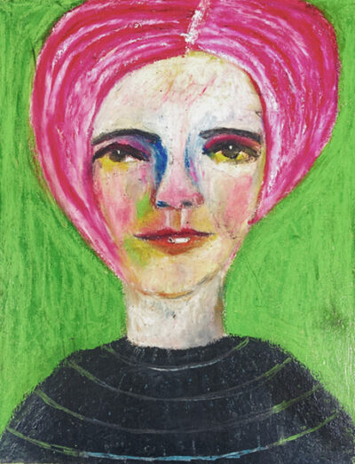 Oil pastel painting of a focused woman by Katie Jeanne Wood