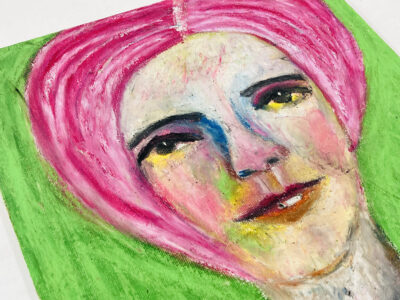 Oil pastel painting of a focused woman by Katie Jeanne Wood