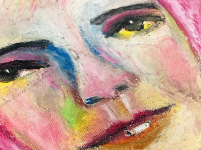 Oil pastel painting of a focused woman by Katie Jeanne Wood