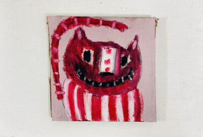 Silly grinning pink striped cat painting by artist Katie Jeanne Wood