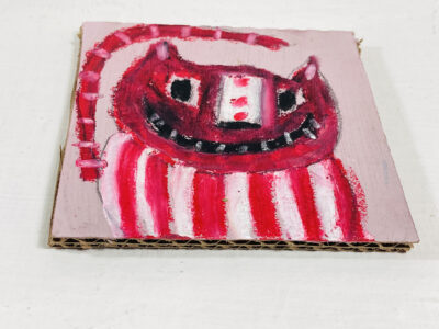 Silly grinning pink striped cat painting by artist Katie Jeanne Wood