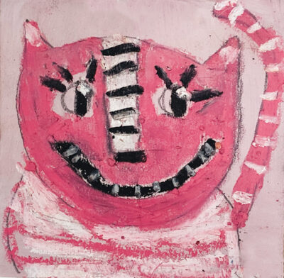 Silly grinning pink striped cat painting by artist Katie Jeanne Wood