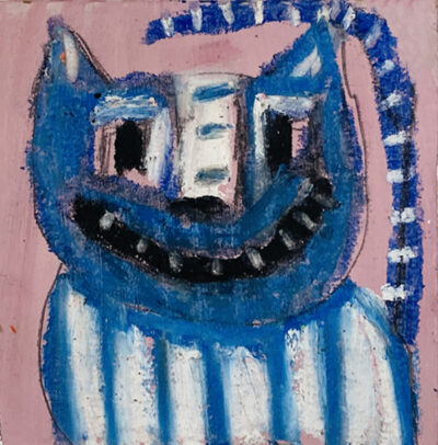 Silly grinning blue striped cat painting by artist Katie Jeanne Wood