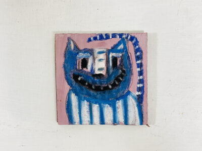 Silly grinning blue striped cat painting by artist Katie Jeanne Wood