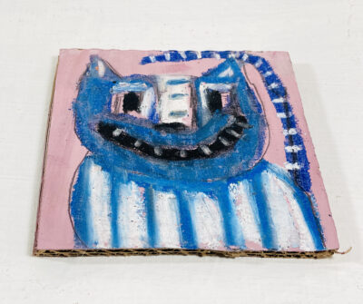 Silly grinning blue striped cat painting by artist Katie Jeanne Wood