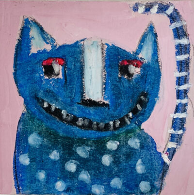 Silly grinning blue polka dot cat painting by artist Katie Jeanne Wood