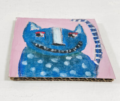 Silly grinning blue polka dot cat painting by artist Katie Jeanne Wood