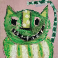 Silly grinning green striped cat painting by artist Katie Jeanne Wood
