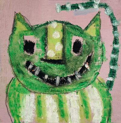 Silly grinning green striped cat painting by artist Katie Jeanne Wood