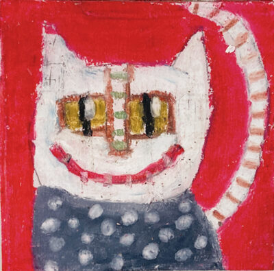 Silly grinning white & blue polka dot cat painting by artist Katie Jeanne Wood