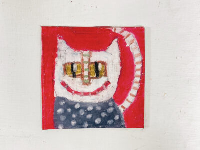 Silly grinning white & blue polka dot cat painting by artist Katie Jeanne Wood