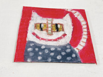 Silly grinning white & blue polka dot cat painting by artist Katie Jeanne Wood