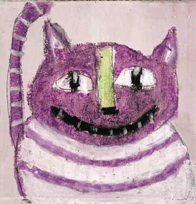 Silly grinning purple striped cat painting by artist Katie Jeanne Wood