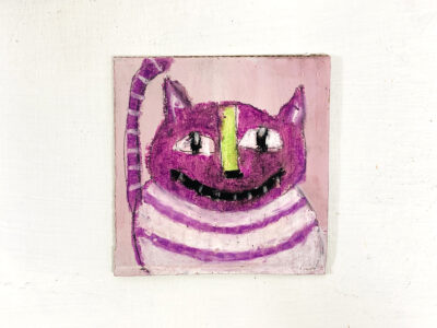 Silly grinning purple striped cat painting by artist Katie Jeanne Wood