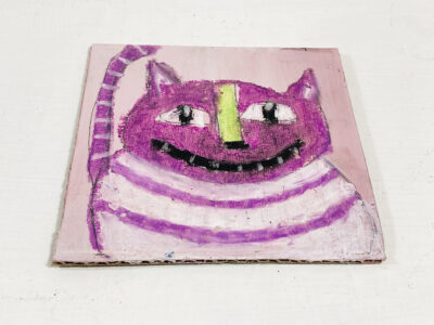 Silly grinning purple striped cat painting by artist Katie Jeanne Wood