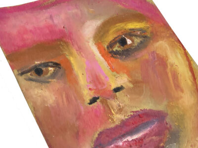 Oil pastel portrait of a pink woman by Katie Jeanne Wood
