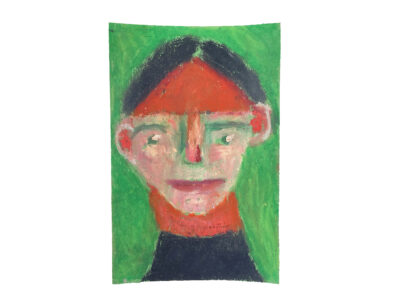 Oil pastel painting of a hot headed man on construction paper by Katie Jeanne Wood