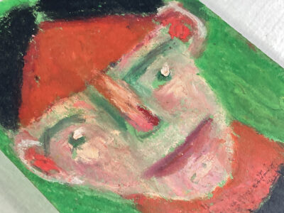Oil pastel painting of a hot headed man on construction paper by Katie Jeanne Wood