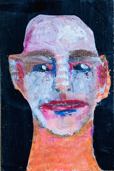 Oil pastel portrait painting of a bald man by Katie Jeanne Wood