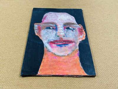 Oil pastel portrait painting of a bald man by Katie Jeanne Wood