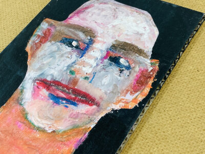 Oil pastel portrait painting of a bald man by Katie Jeanne Wood