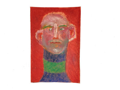 Oil pastel portrait painting of a bald man by Katie Jeanne Wood