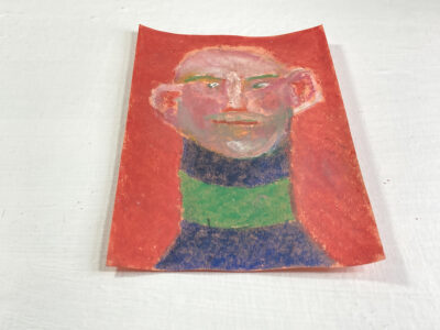 Oil pastel portrait painting of a bald man by Katie Jeanne Wood