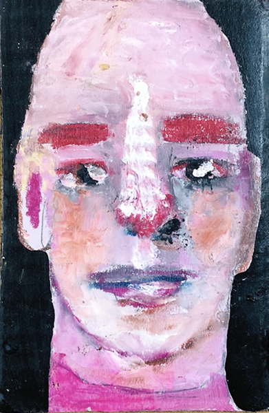 Oil pastel portrait painting of a bald money loving man by artist Katie Jeanne Wood