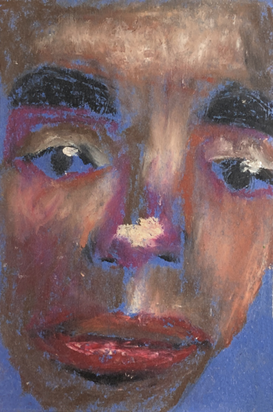 Oil pastel portrait painting of a sad man by artist Katie Jeanne Wood
