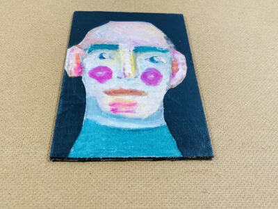 Oil pastel portrait painting of a sad bald man by artist Katie Jeanne Wood