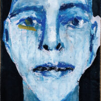 Oil pastel portrait painting of a blue bald man by artist Katie Jeanne Wood