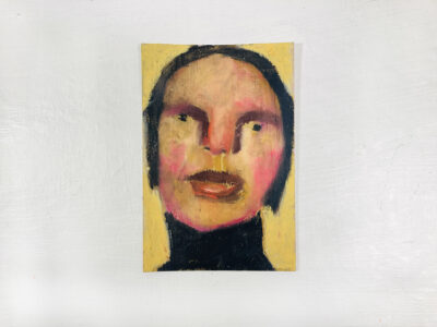 Oil pastel painting of a quiet woman on construction paper by Katie Jeanne Wood